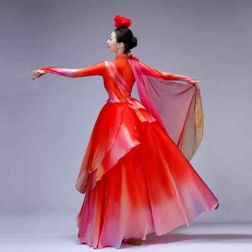 Red petals flamenco dance dresses for women girls pageant performance dress opening paso double  choir ballroom dance long swing skirts